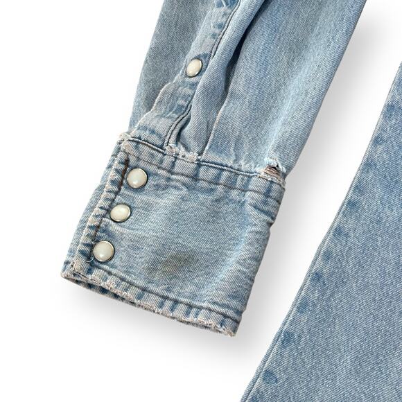 Wrangler 90s VTG Distressed Pearl Snap Denim Shirt Mens L Western Long Sleeve - Picture 14 of 16